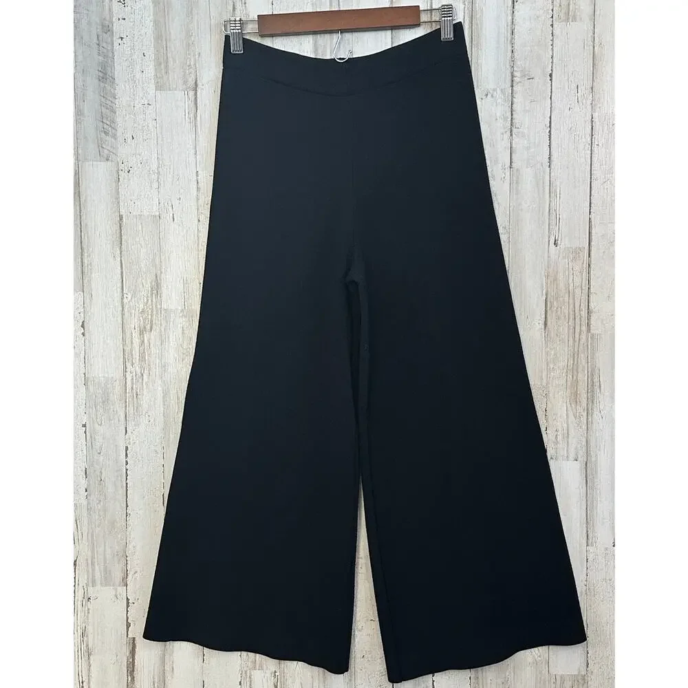 Zara Rib Knit Pants Sz Small Wide Leg Crop Black Loungewear Minimalist Boho EUC